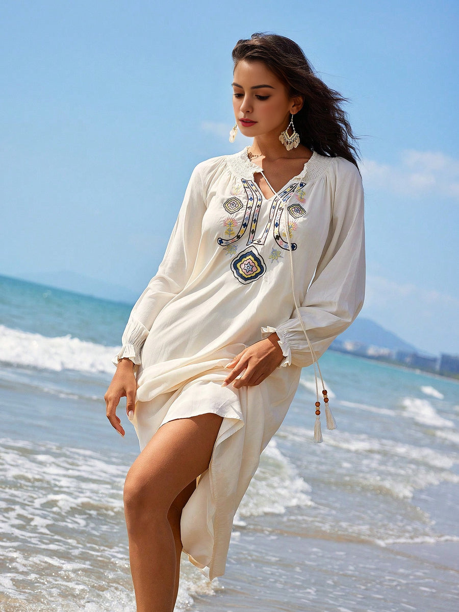 Isabella Beachy Floral Embroidery Fringe Tie Strap Dress Perfect For Vacation