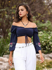 Women's Off-Shoulder Vintage Printed Ruched Fashion Crop Top