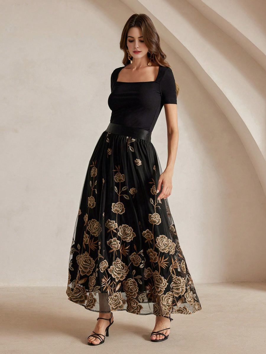 Isabella Mesh Embroidered Flared Elegant Ladies Skirt