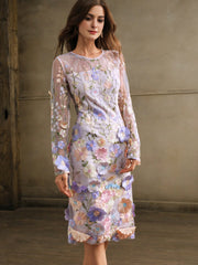 Isabella Crew Neck Long Sleeve Slit 3D Floral Vacation Casual Dress