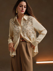 Isabella Casual Apricot Floral Applique Collar Long Sleeve Sequin Splice Chiffon Blouse