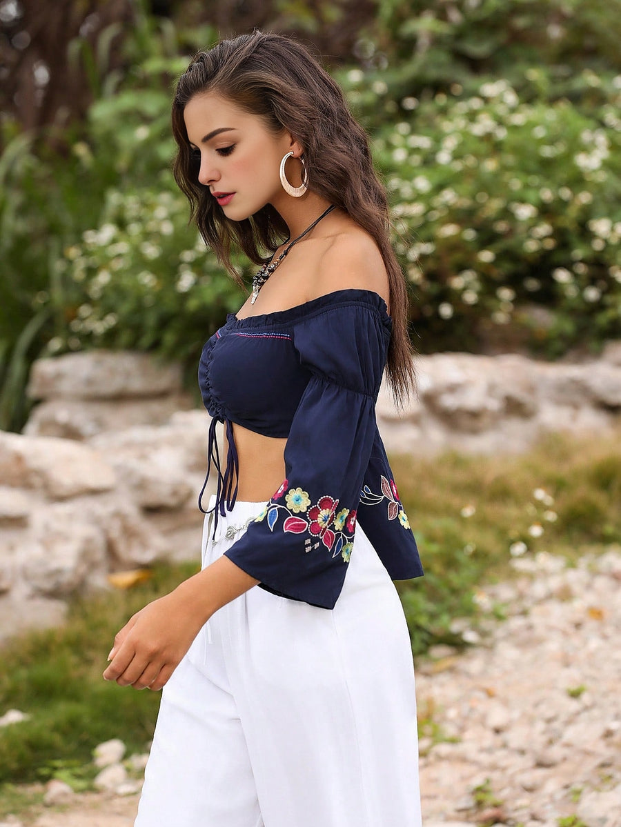 Women's Off-Shoulder Vintage Printed Ruched Fashion Crop Top