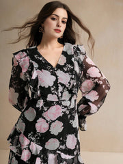 Isabella V-Neck Long Sleeve Ditsy Floral Ruffle Hem Slimming Plus Size Dress