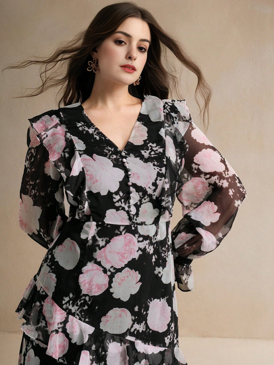 Isabella V-Neck Long Sleeve Ditsy Floral Ruffle Hem Slimming Plus Size Dress