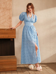 Isabella Blue Embroidered Slit V-Neck Puff Sleeve Elegant Floor-Length Dress