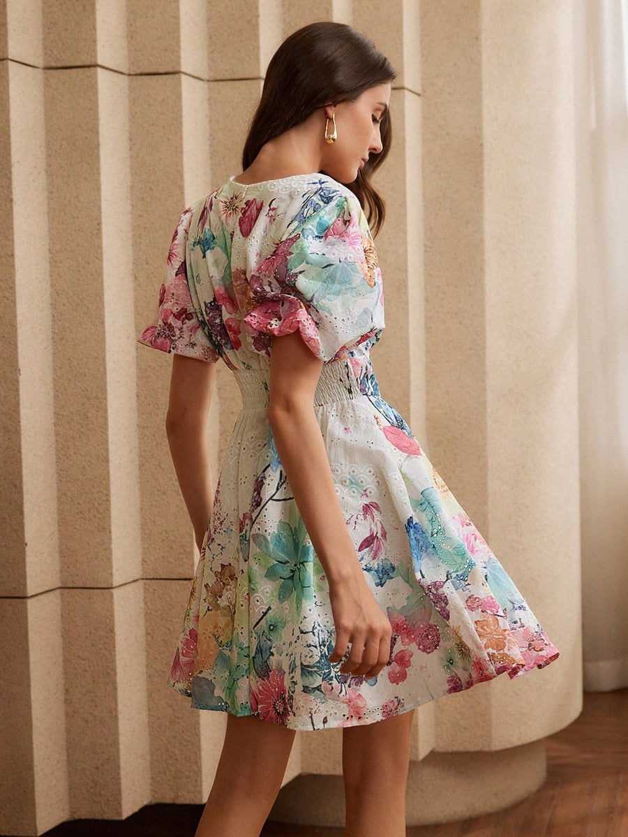 Isabella V-Neck Puff Sleeve Floral Print Elegant Vacation Dress