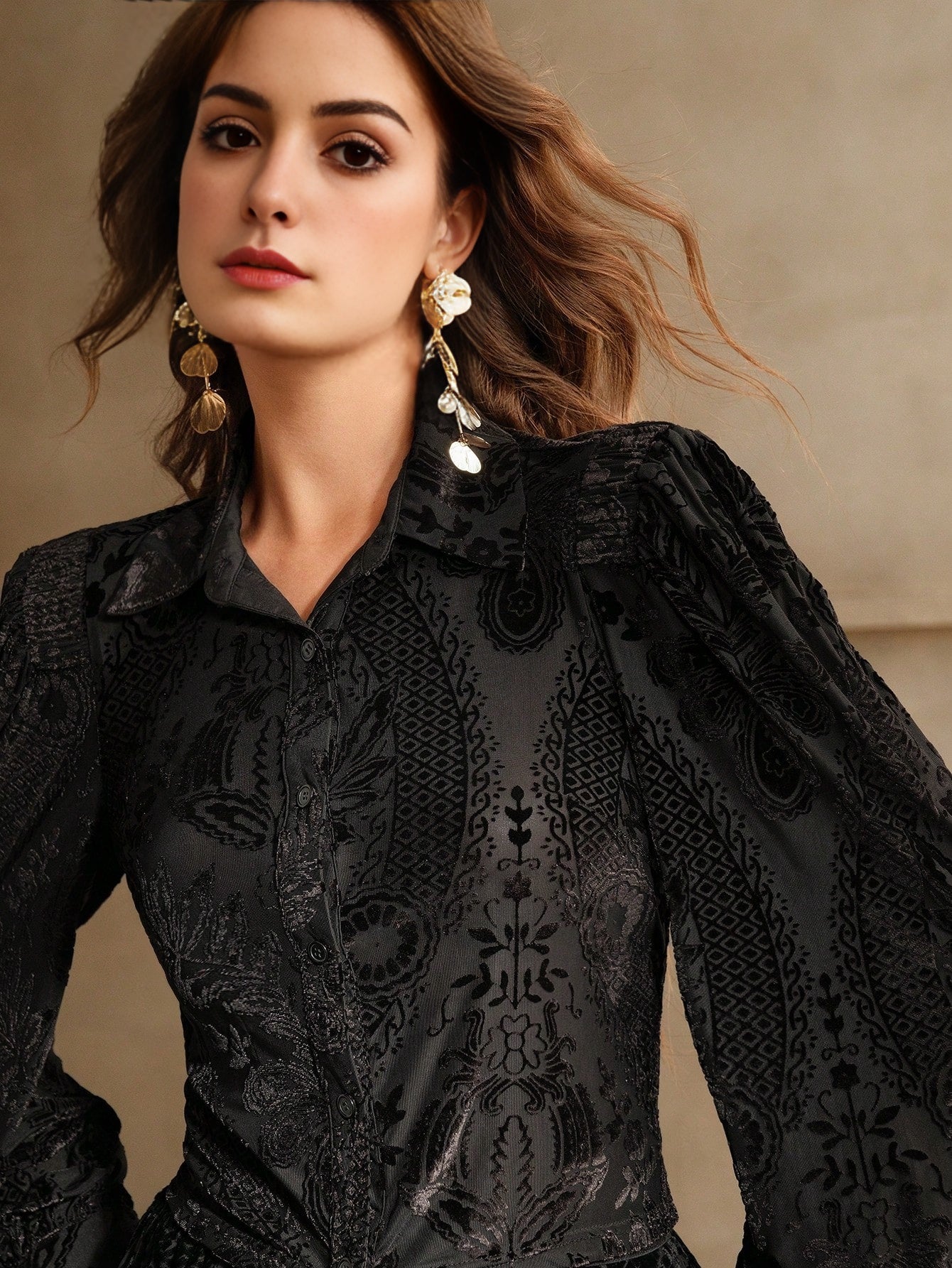 Isabella Velvet Floral Embroidered Elegant Long Sleeve Shirt