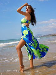 Isabella Holiday Style Seaside Passion Botanical Print Sexy Slim Green Hollow Waist Dress