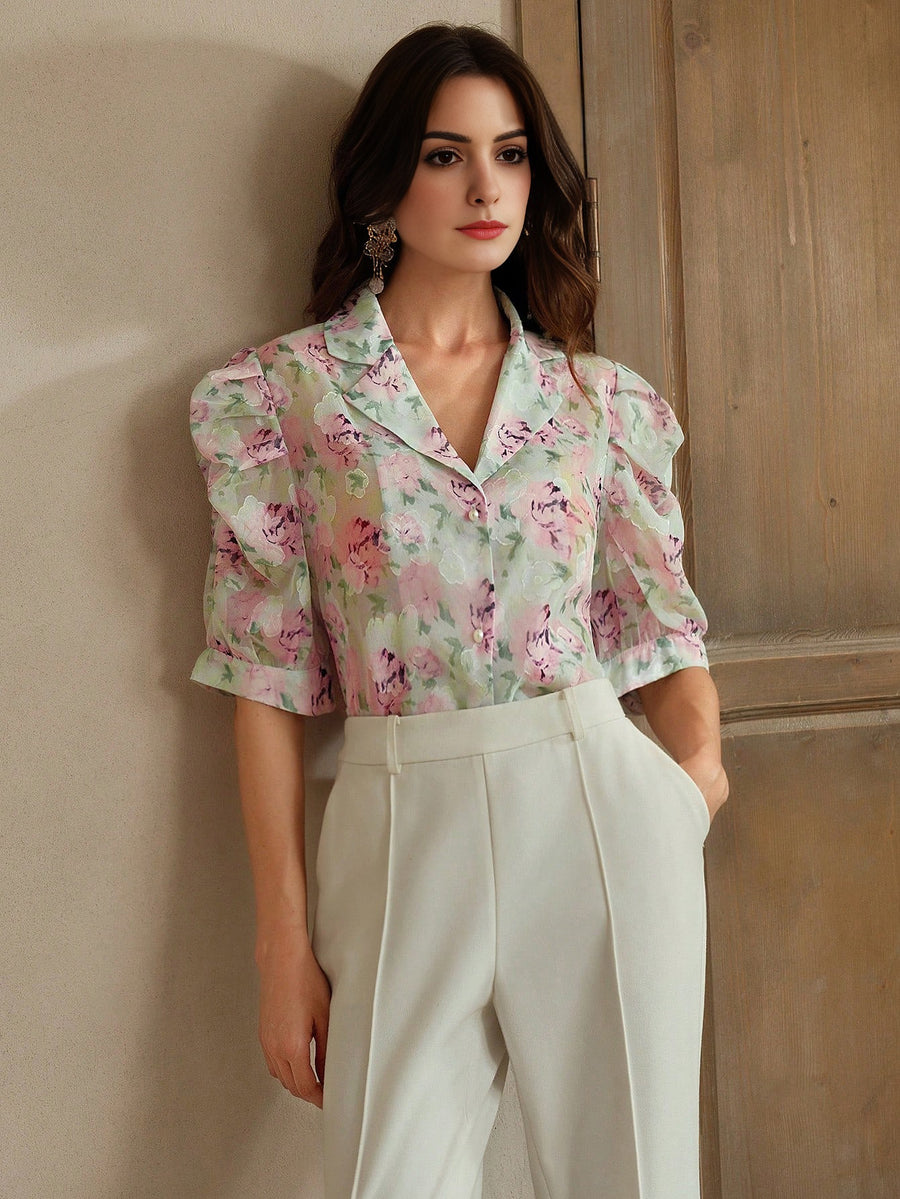 Isabella Floral Print Puff Sleeve Shirt For Dailywear