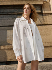 Isabella Urban White Loose Fit Casual Long-Sleeve Shirt With Handmade Beaded Details