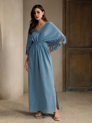 Isabella Misty Blue Lace Tassel V-Neck Backless Maxi Dress For Beach Vacation