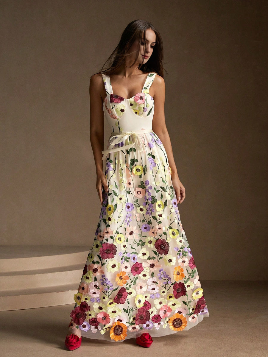 Isabella 3D Flower Accent Waist Tie Strap Maxi Dress