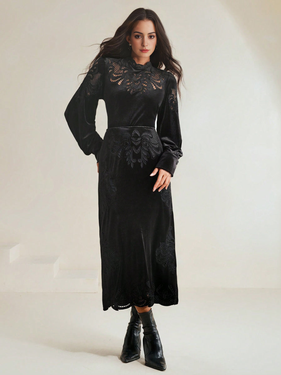 Isabella Lace Embroidered Velvet Top and Straight Skirt 2 Piece Set