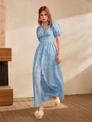 Isabella Blue Embroidered Slit V-Neck Puff Sleeve Elegant Floor-Length Dress