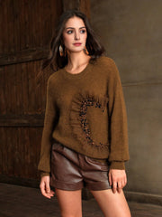 Isabella Net Mesh & Pearl Splice Premium Crew Neck Pullover Sweater