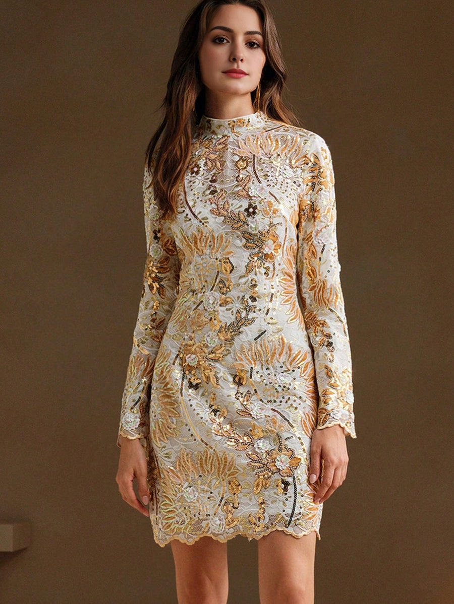 Isabella Stand Collar Long Sleeve Luxury Embroidered & Sequin Waist Fitted Dress