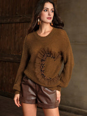 Isabella Net Mesh & Pearl Splice Premium Crew Neck Pullover Sweater