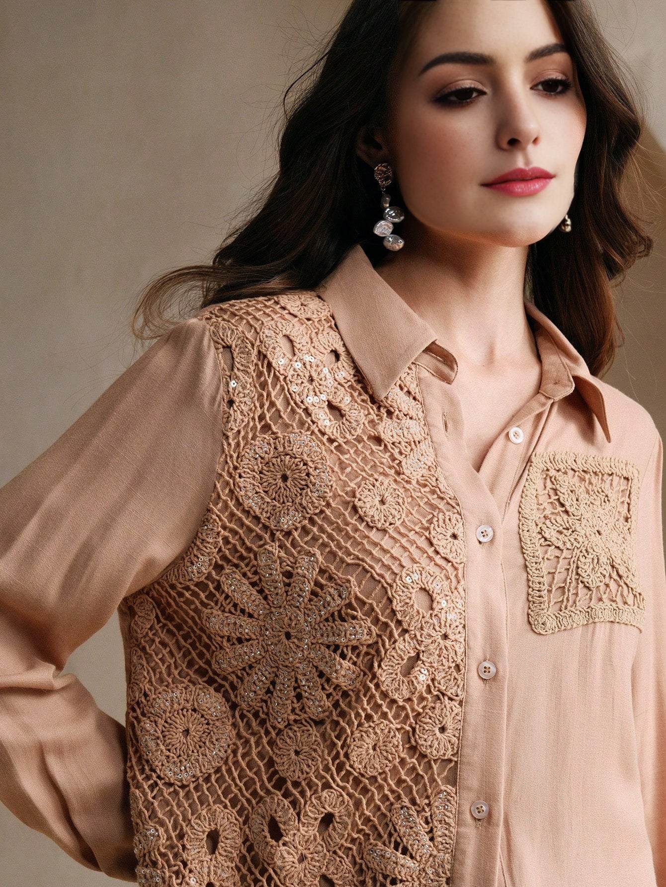 Isabella Long Sleeve Sequin & Water Soluble Splice Elegant Shirt