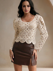 Isabella Elegant Hollow Out Retro Crochet Lantern Sleeve Blouse