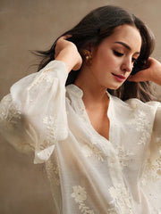 Isabella V-Neck Lantern Sleeve Rhinestone Vintage Embroidery Shirt