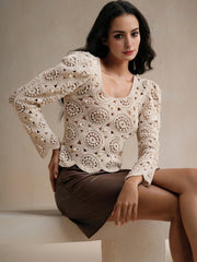 Isabella Elegant Hollow Out Retro Crochet Lantern Sleeve Blouse