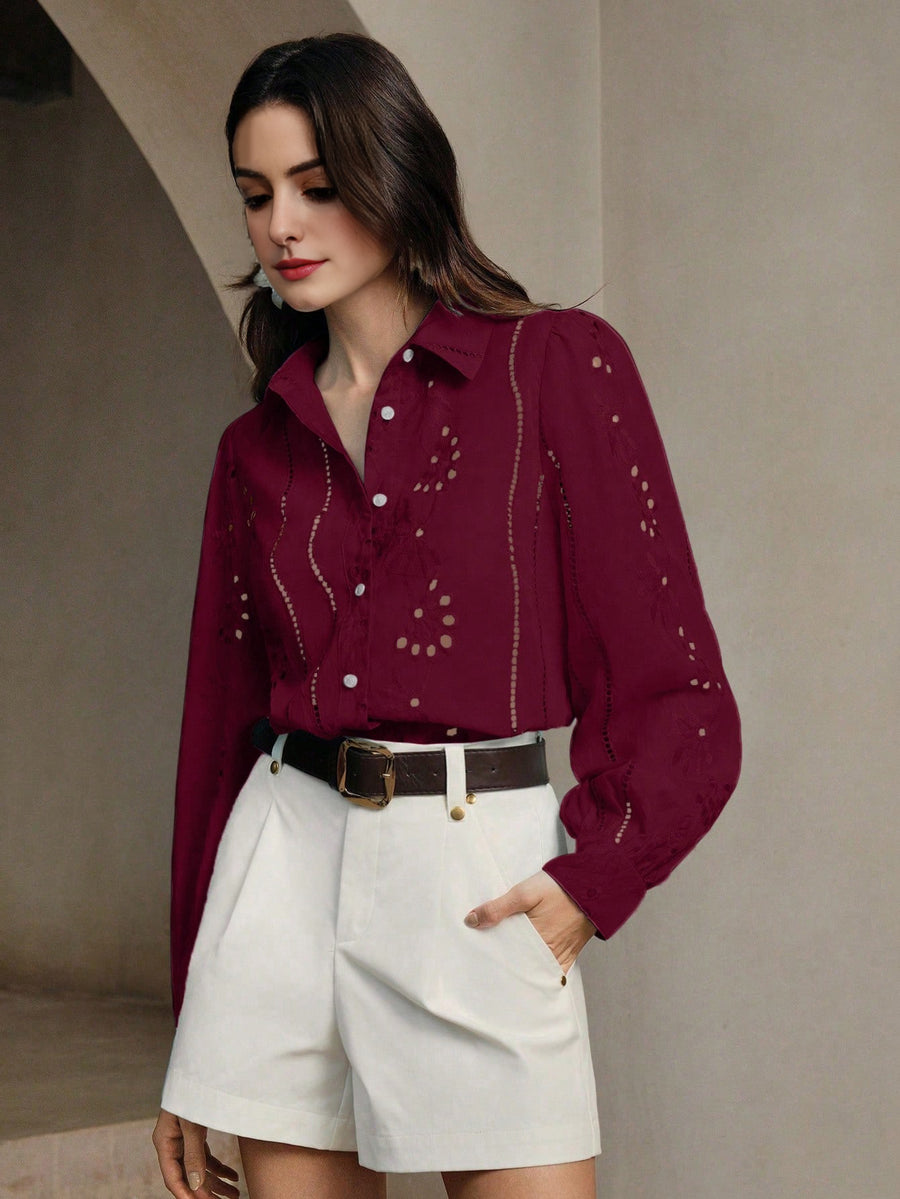 Isabella Lapel Long Sleeve Hollow Embroidery Casual Shirt