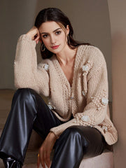 Isabella 3D Pearl & Floral Decor Elegant Sweater Cardigan