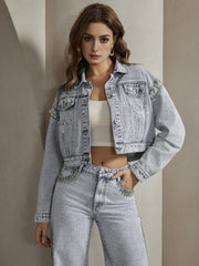 Isabella Rhinestone Embellished Denim Long Sleeve Utility Jacket