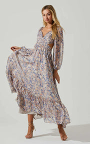 Kammy Floral Open Back Strappy Long Sleeve Maxi Dress