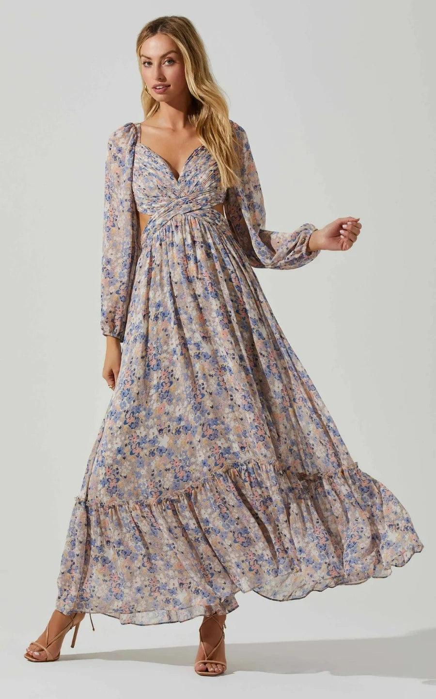 Robe longue à bretelles et manches longues à dos ouvert et motif floral Kammy