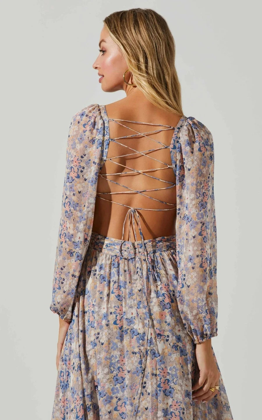 Kammy Floral Open Back Strappy Long Sleeve Maxi Dress