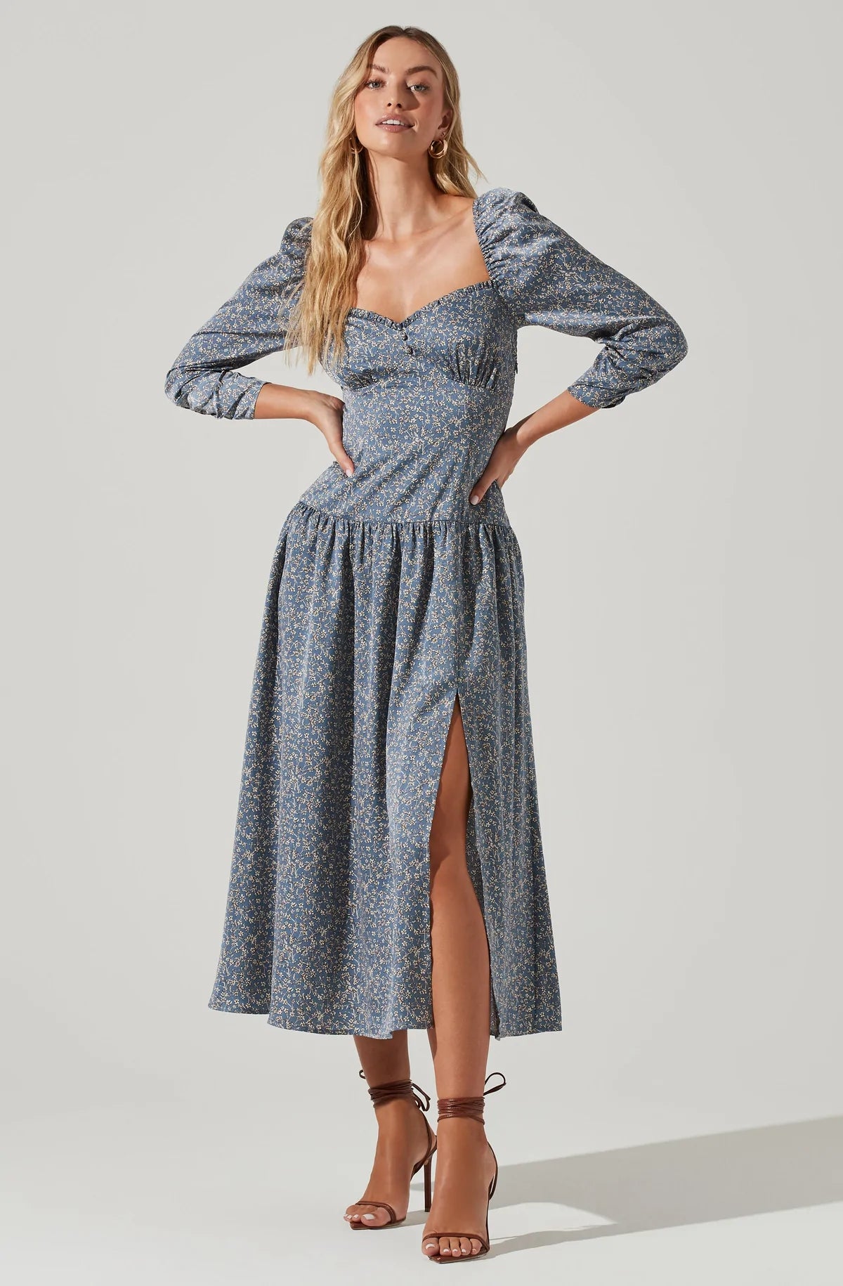 Puff Sleeve Sweetheart Neck Midi Dress - Redstitch